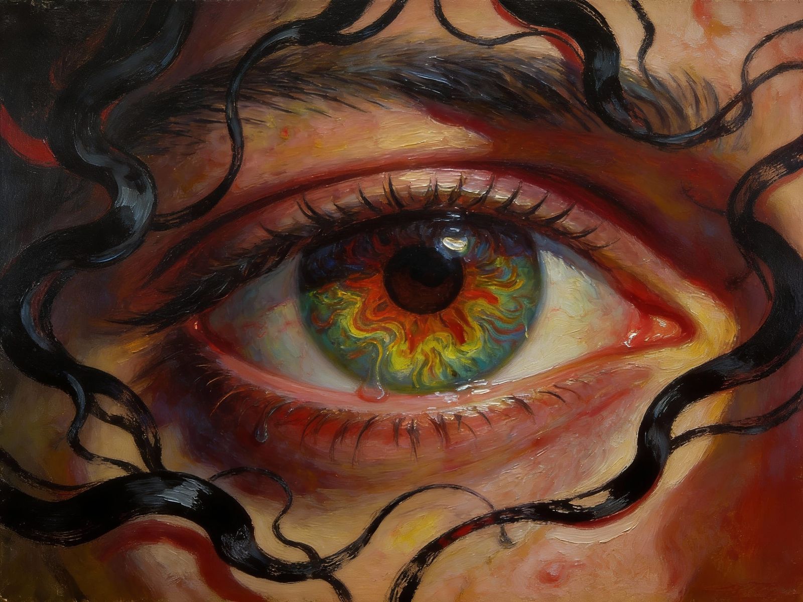 Psychedelic Eye Weeping Vivid Colors in Impasto Oil Style