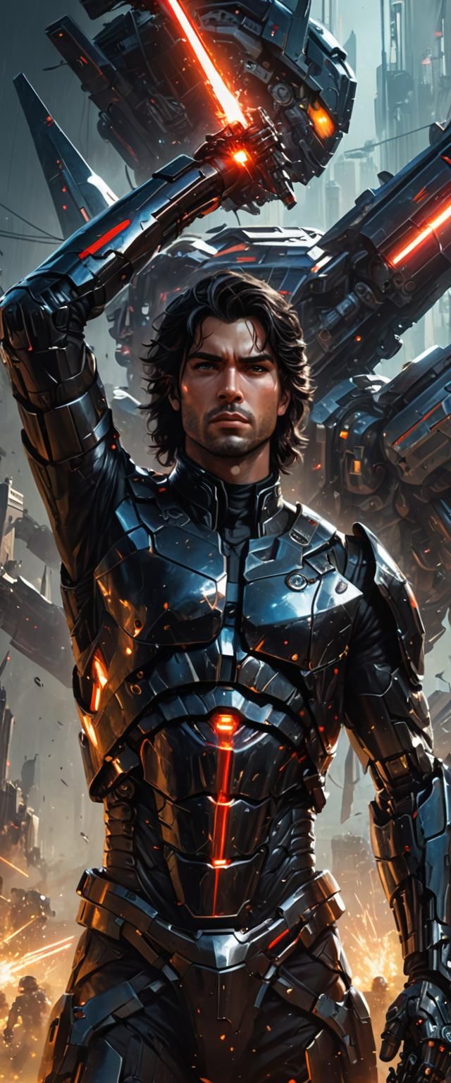 Heroic Prince and Giant Mech in Dark Fantasy Style