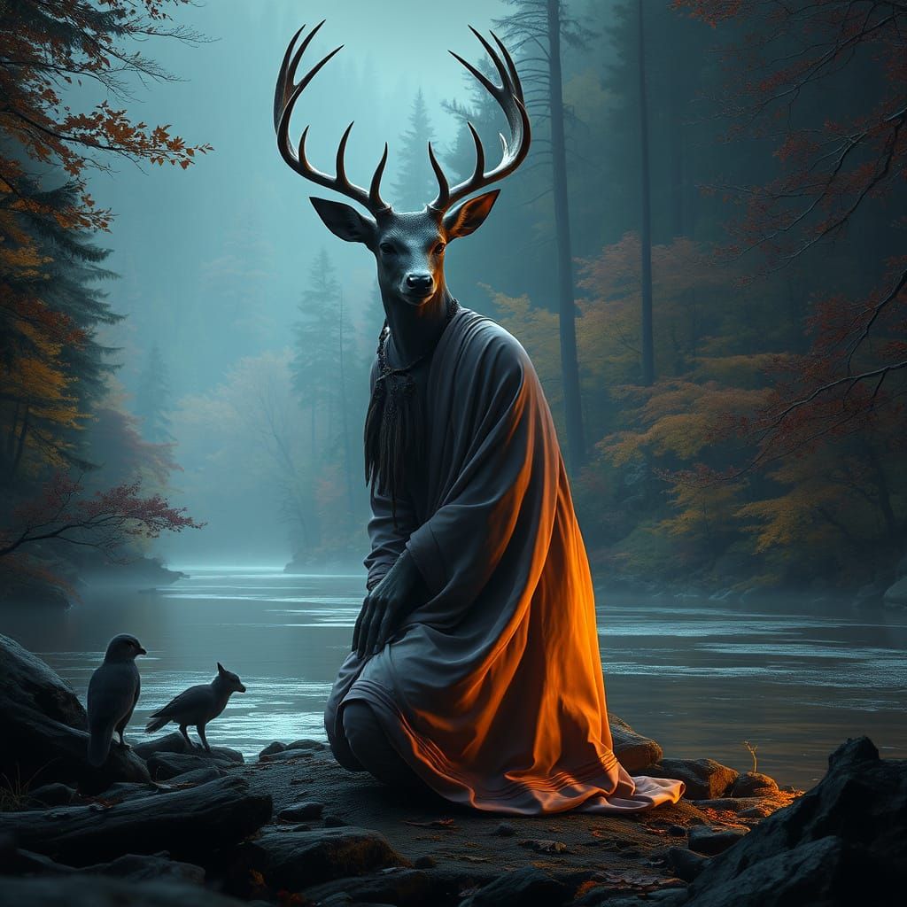 Deer Shaman in Autumn Forest, Dark Fantasy Art