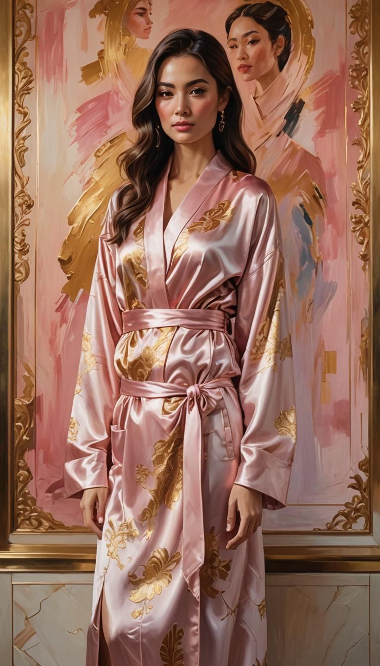 Luxurious Silk Robe Portrait in Oil Painting Style