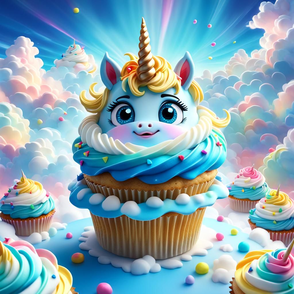 Cute Cupcake Unicorn in Clouds: 3D Digital Art