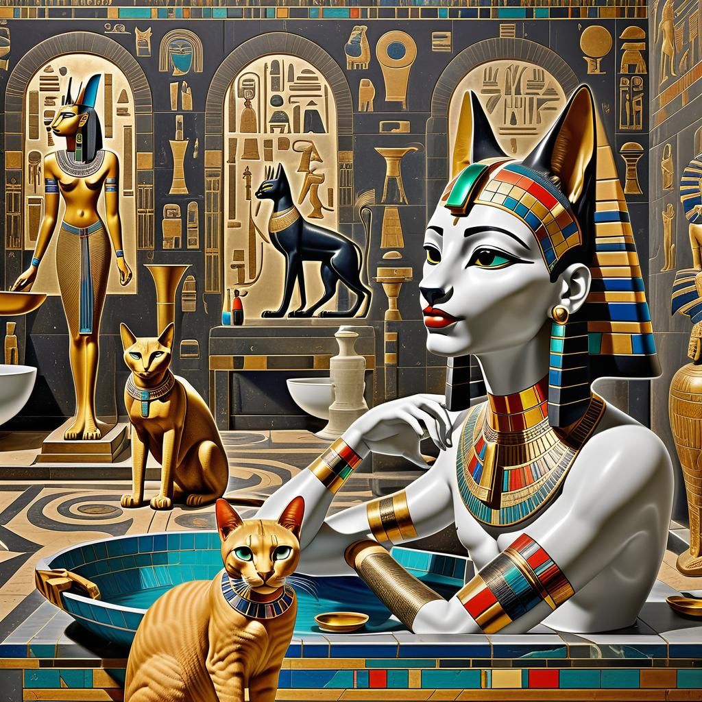 Egyptian pharaoh bathing in a luxurious room Walls and mirro...