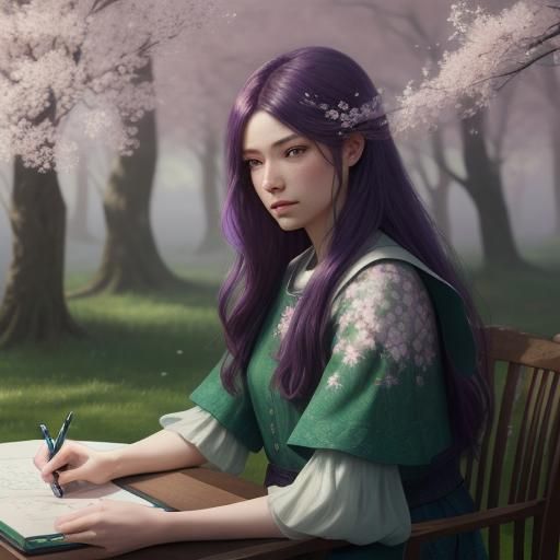 Girl Drawing Under Dogwood Tree in Fantasy Style