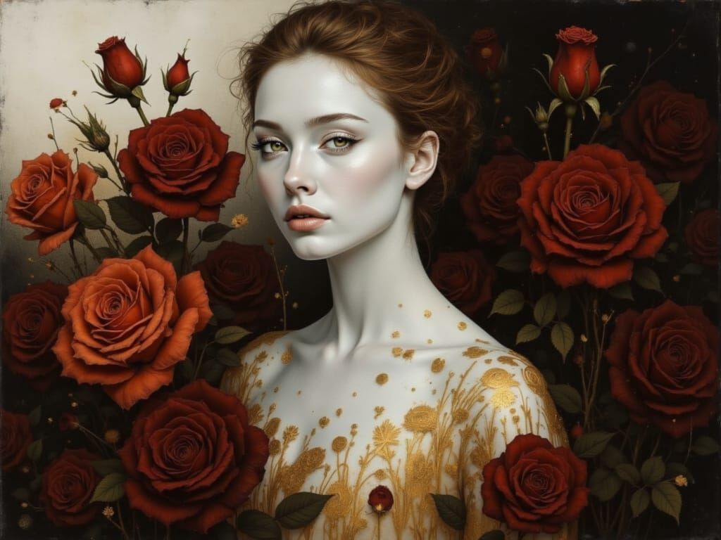 Porcelain Woman Amidst Roses in Ethereal Cinematic Portrait