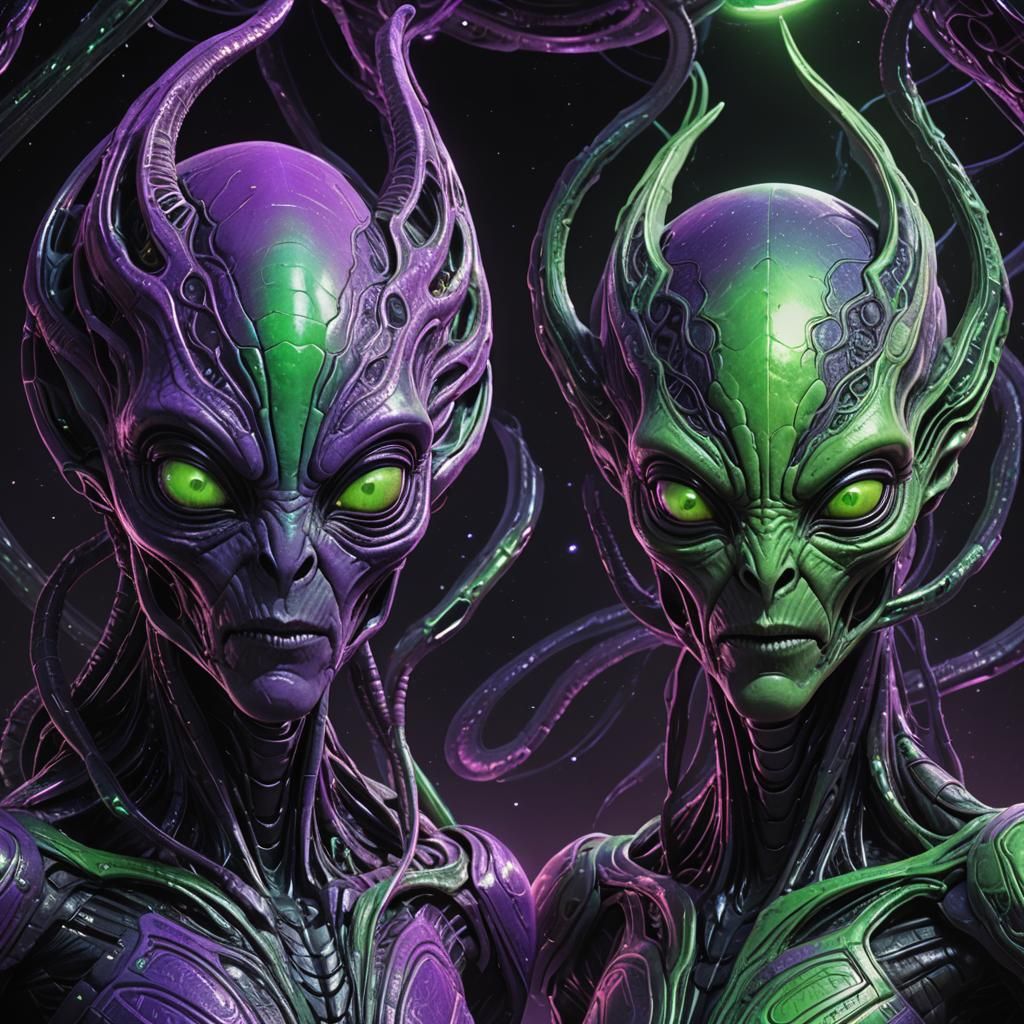 Neon Alien Heads in Deep Space Concept Art