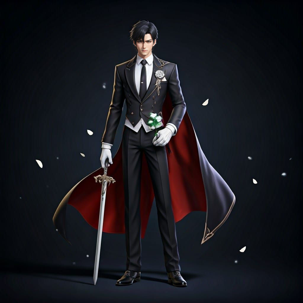 Elegant Anime Prince Stands with Sword in Formal Attire