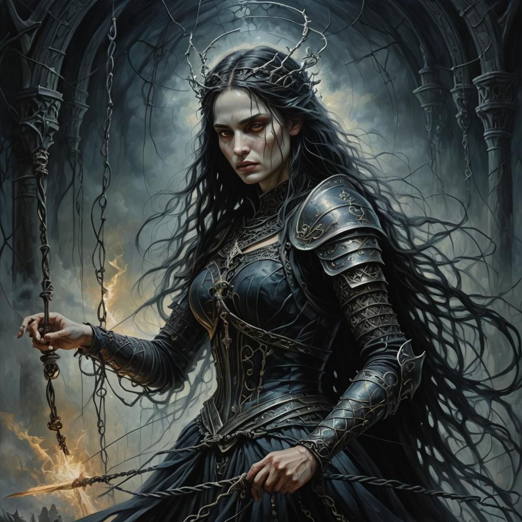 Gothic Goddess Pulls Strings: Dark Fantasy Oil Painting