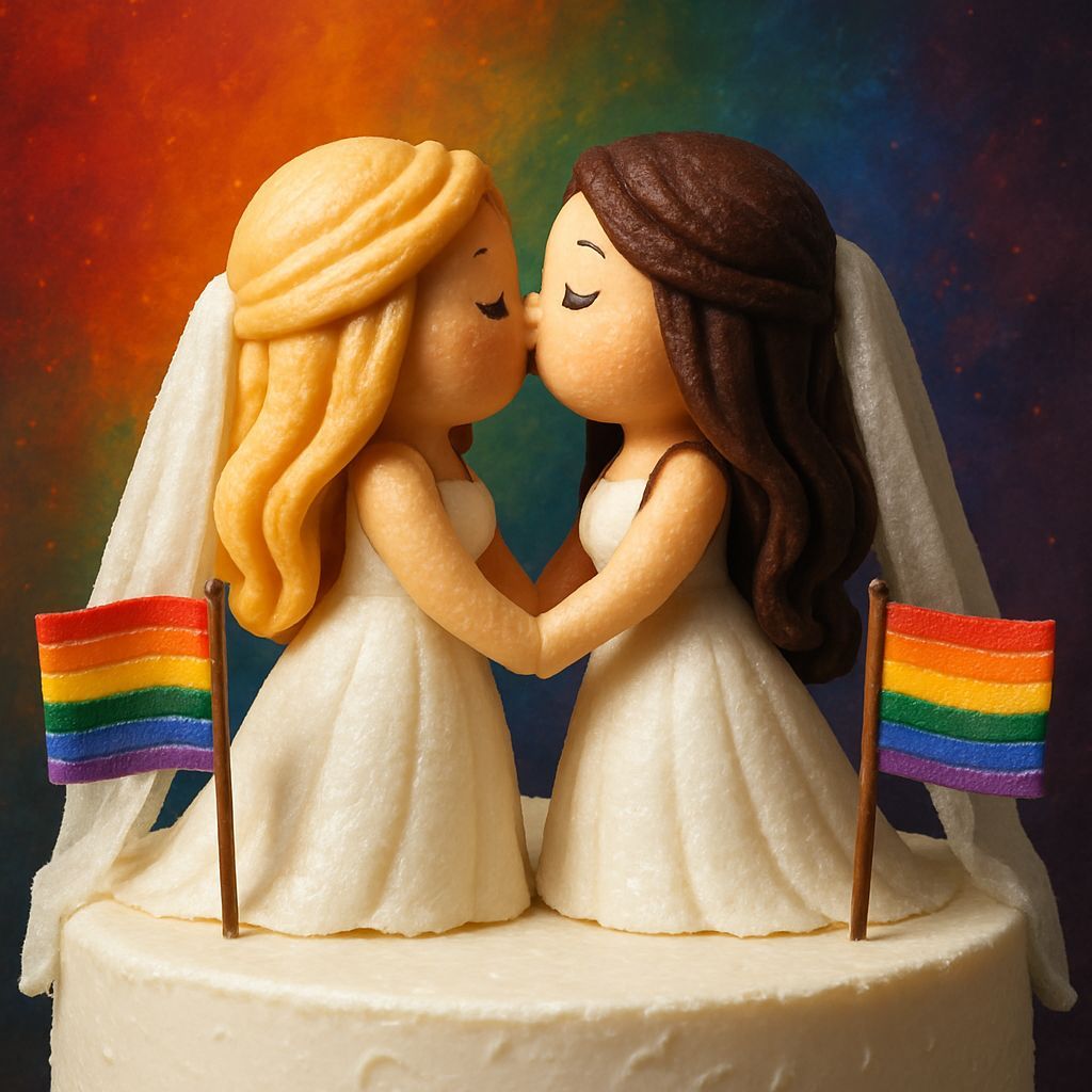 Pastry Bride Figurines Kissing on Cake with Rainbow Flags
