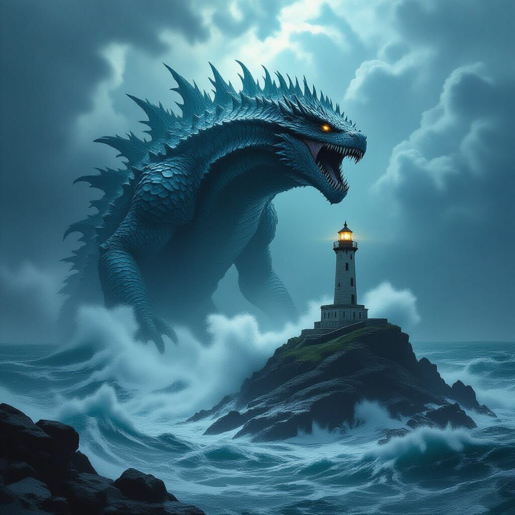 Colossal Sea Monster Attacks Lighthouse in Eerie Style