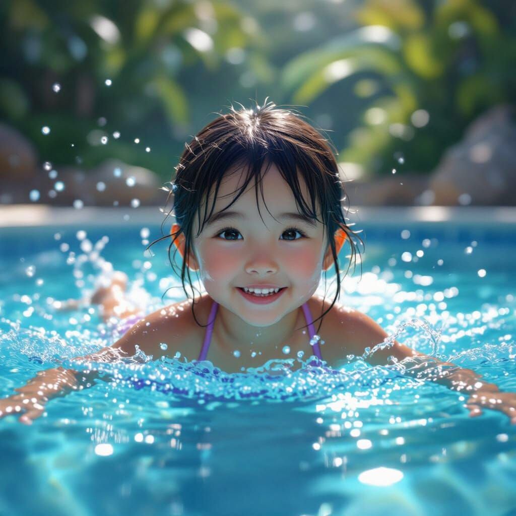Asian Girl Splashing Joyfully in Pool