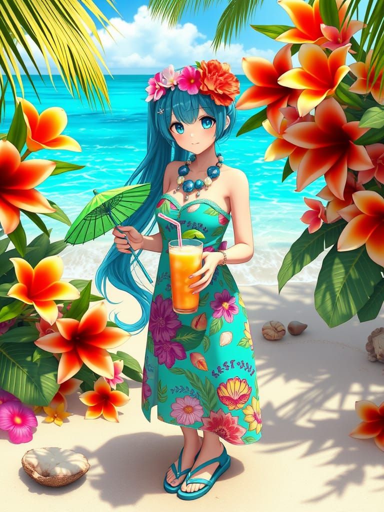 Vibrant Tropical Goddess in Teal Dress with Floral Accents a...