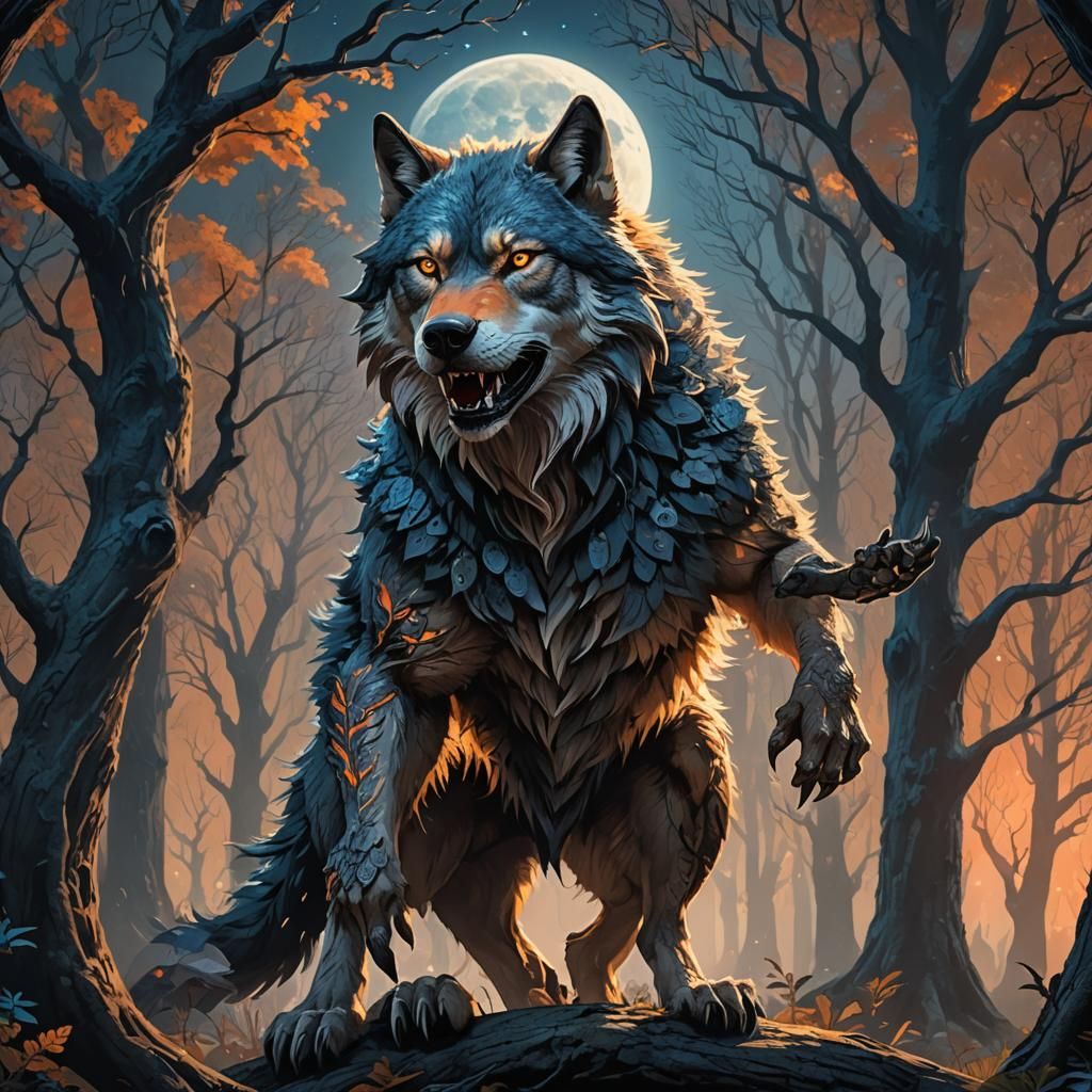Werewolf Transformation in Mystical Forest Concept Art