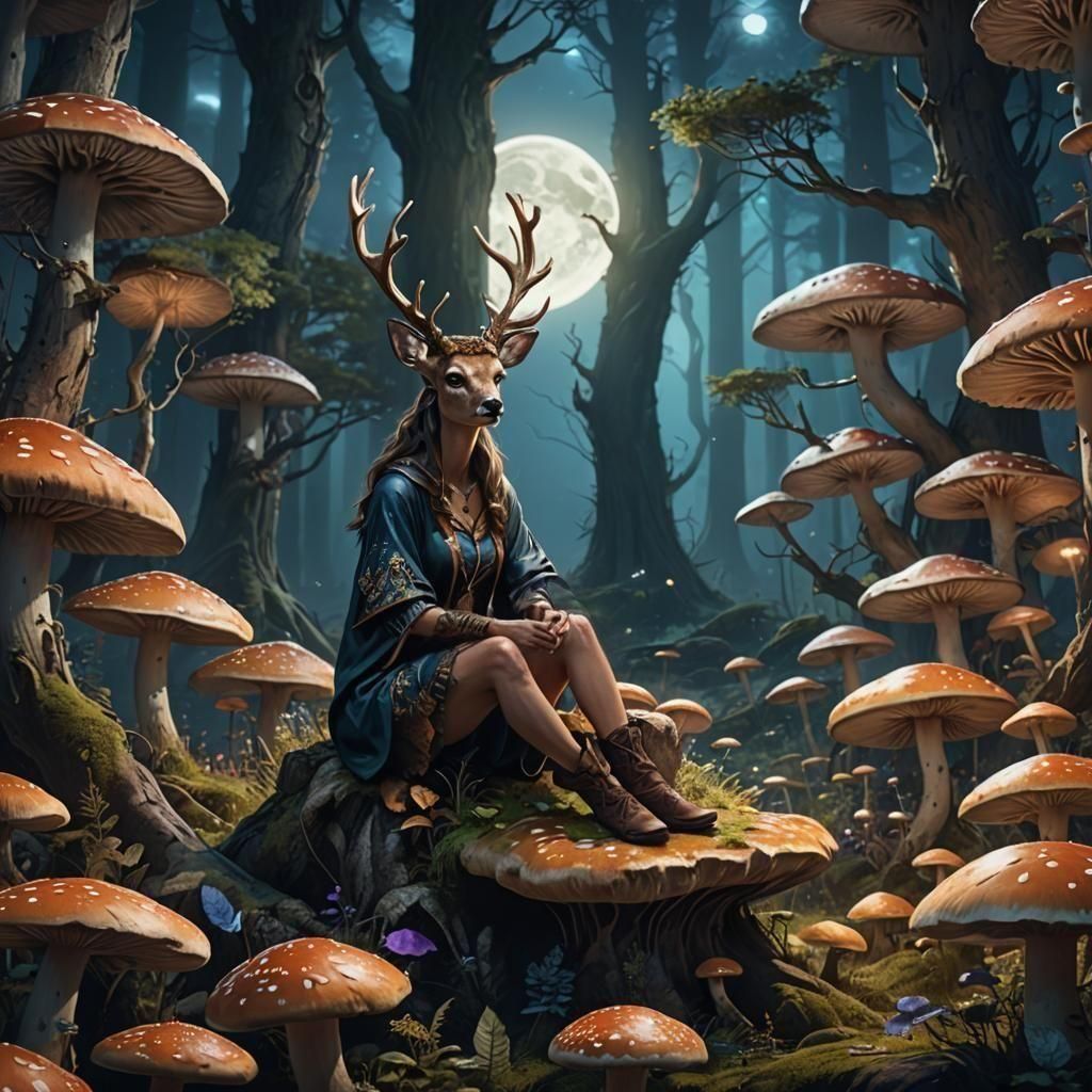 Deer-Woman Hybrid in Moonlight, Fantasy Concept Art