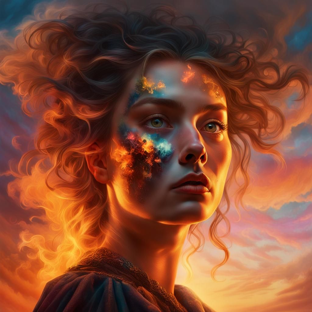 Princess with Orange Eyes in Surreal Sunset