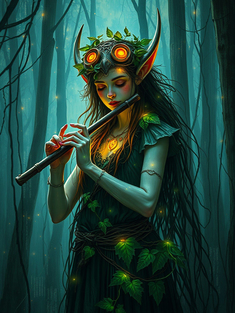 Elf in Forest with Flute in Digital Splash Art