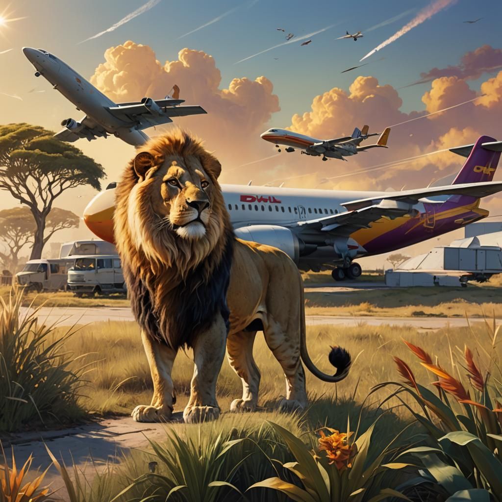 Heroic Lion Guarding DHL Plane, Digital Painting