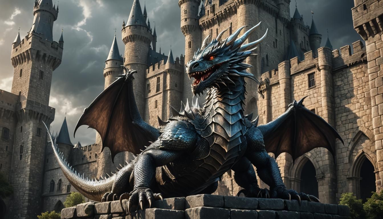 Ethereal Dragon Stands Vigilant Over Medieval Castle in Cine...