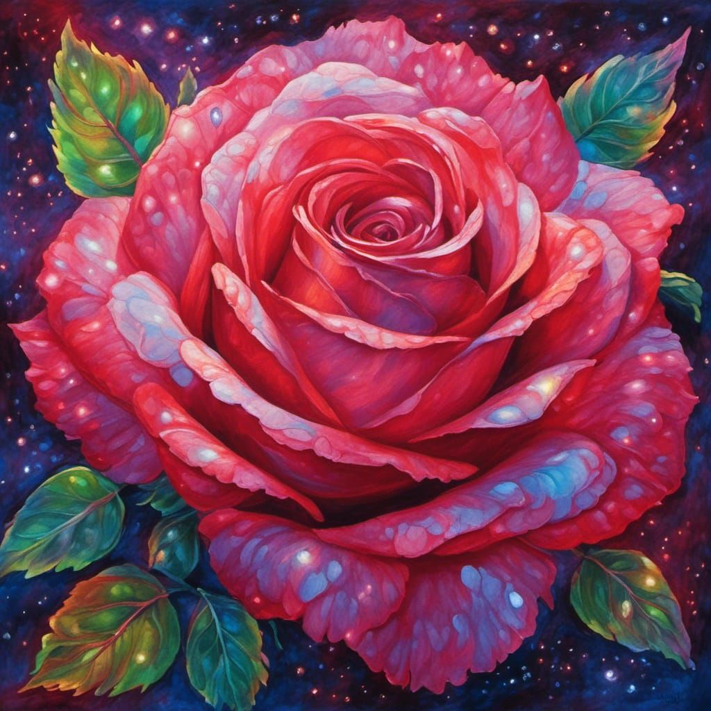 Bioluminescent Red Rose in Acrylic and Gouache
