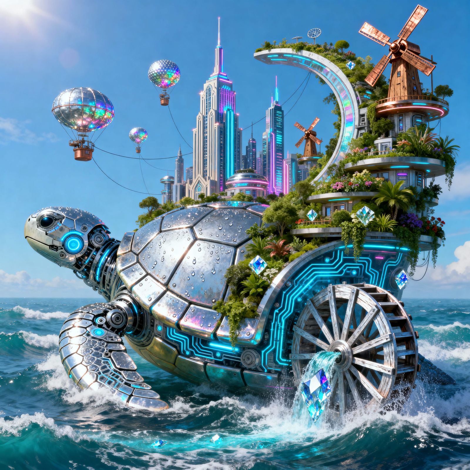 Futuristic City Built on a Giant Cyborg Sea Turtle