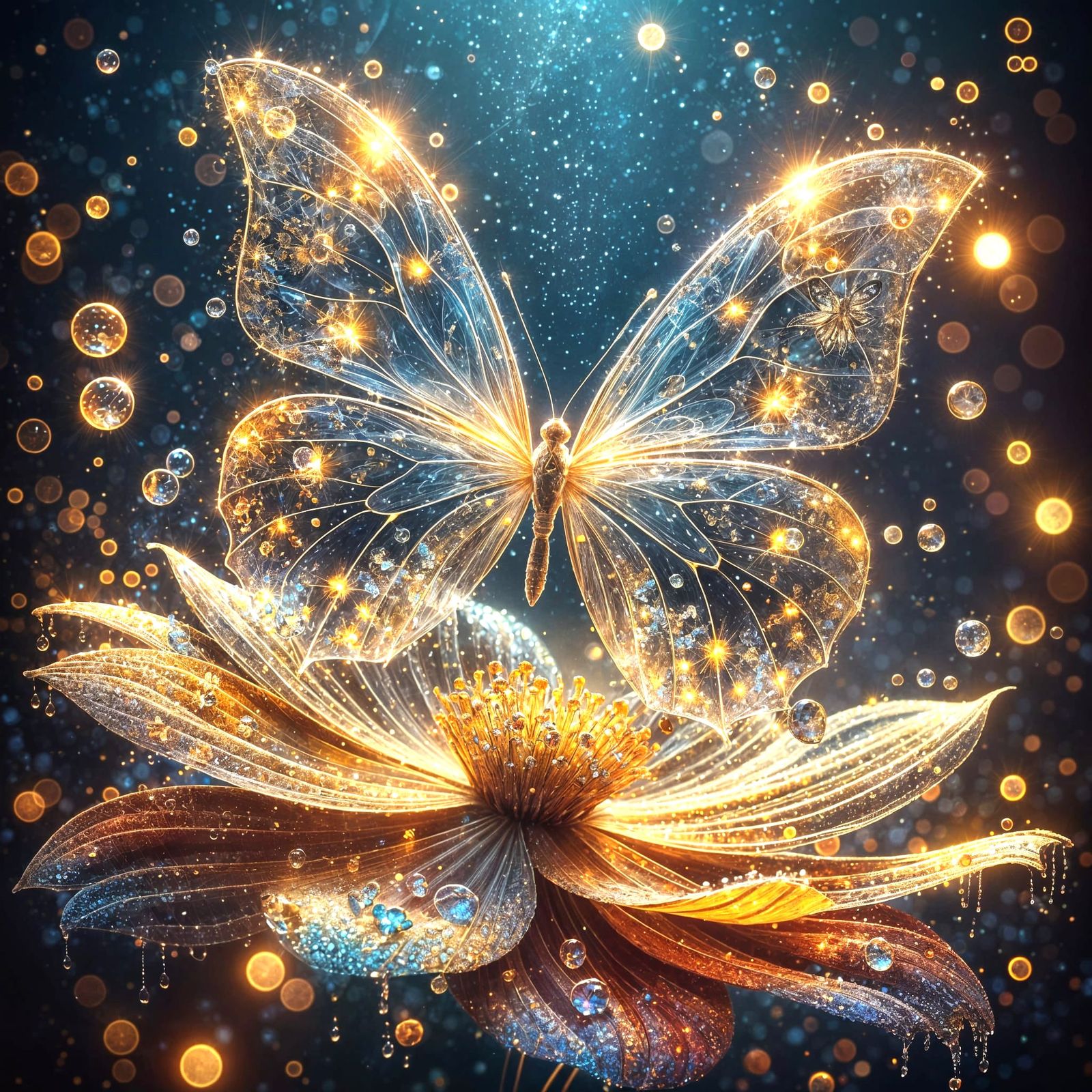 Surreal Golden Butterfly Radiates Light on a Vibrant Flower