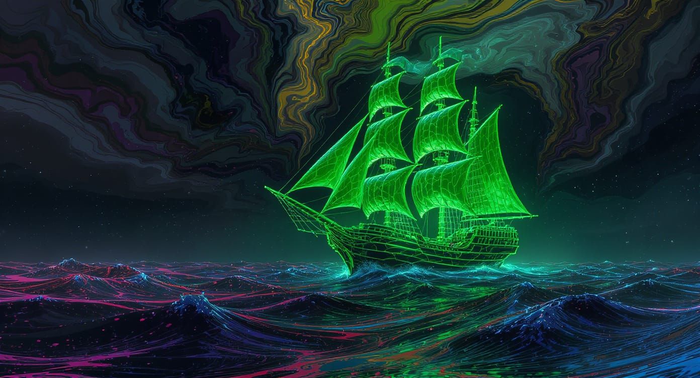 Glowing Green Ship on Black Oil Sea