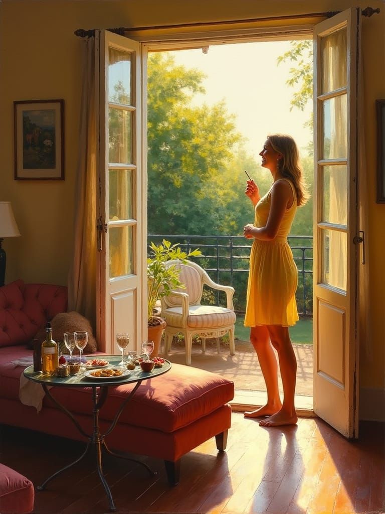 Impressionist Oil Painting of a House Interior and Sunny Ter...