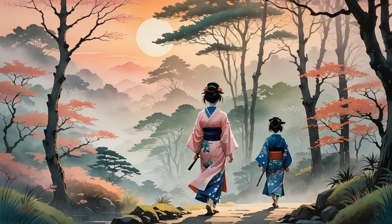 Kimono Girl in Misty Landscape: Ukiyo-e Watercolour