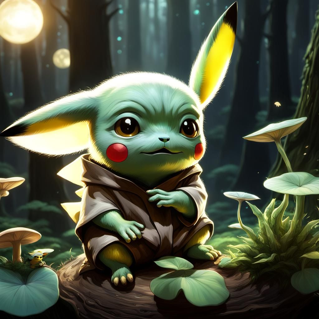 Pikachu and Baby Yoda Hybrid in Mystical Forest
