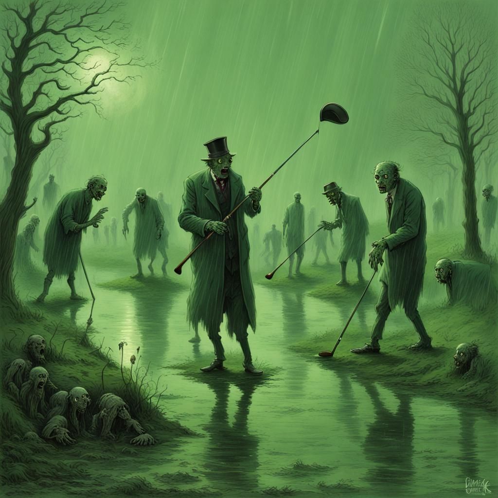 Zombies Golfing in Rain: A Horror Scene