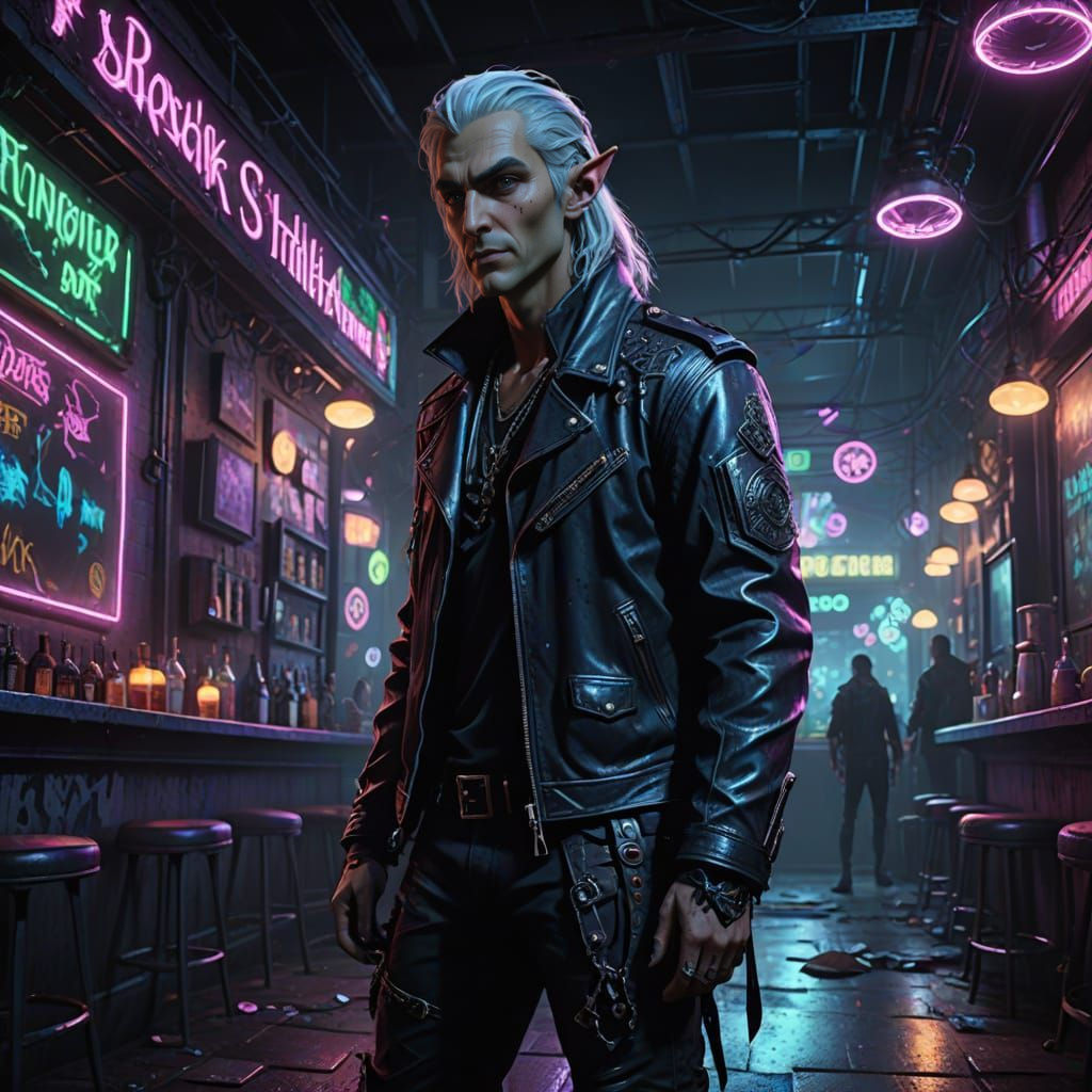 Silver Haired Elven Biker in Punk Bar at Midnight, Cyberpunk...