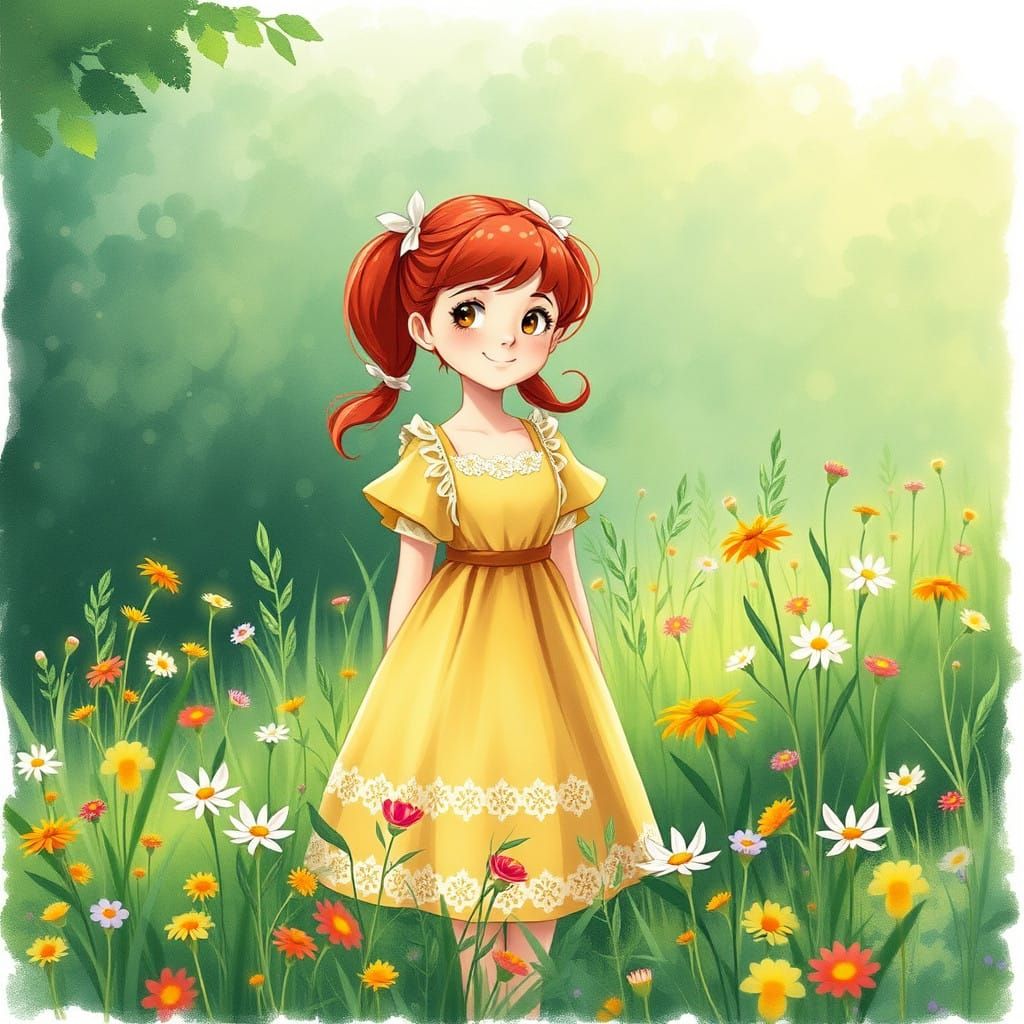 Vibrant Green Ghibli-Inspired Anime Girl in Whimsical Meadow