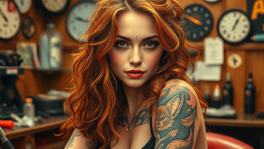 Female Tattoo Artist with Copper Curls in 1950s Style