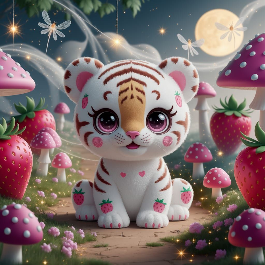Kawaii Tiger Cub in Enchanted Strawberry Patch
