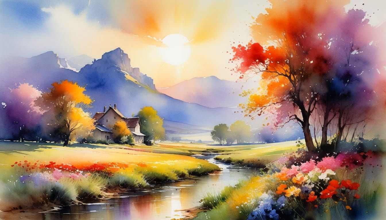 Surreal Landscape in Vibrant Watercolor and Ink