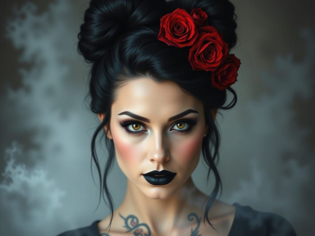 Pin Up Woman with Roses and Dark Eyes in Fog