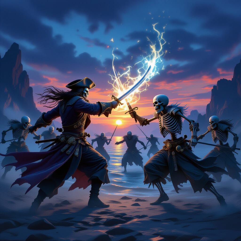 Dark Fantasy Pirate Ghosts Battle Skeletons at Dusk