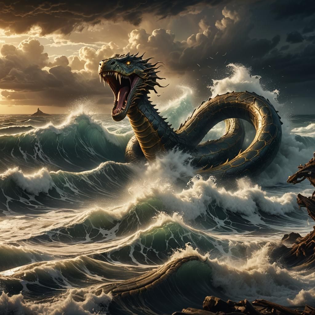 Serpent Emerges from Stormy Ocean: Fantasy Realism