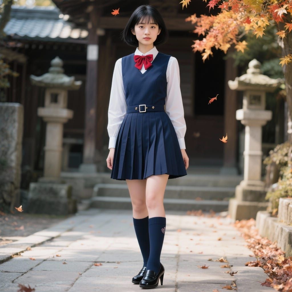 Kaori in Japanese School Uniform at Autumn Shrine