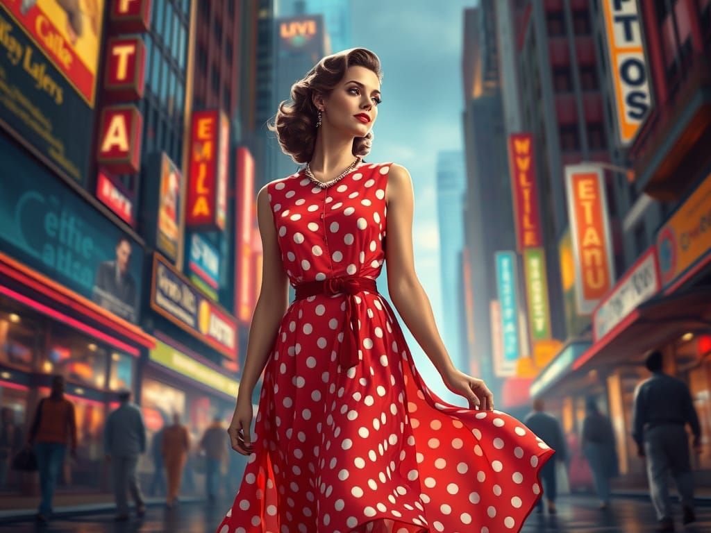 Glamorous Woman in Polkadot Dress in Cityscape