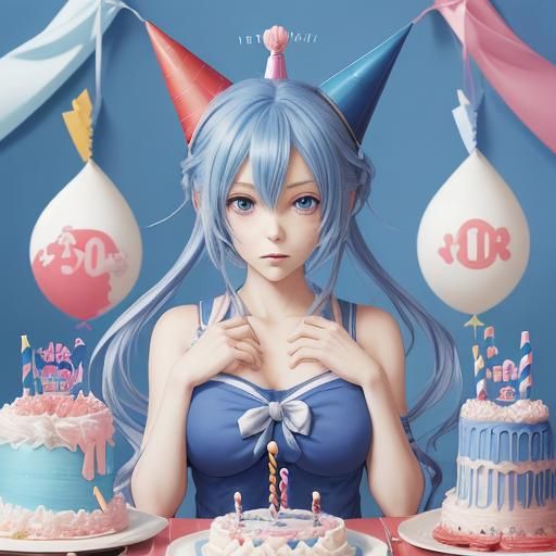 Blue Birthday Cake Number Three in Anime Style