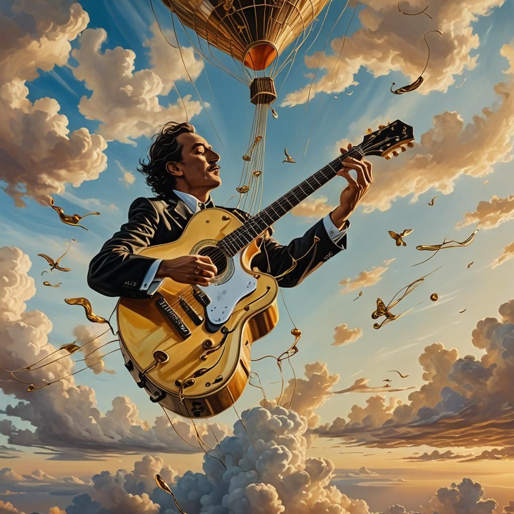 Surreal Person Flies with Guitar in Dreamlike Sky