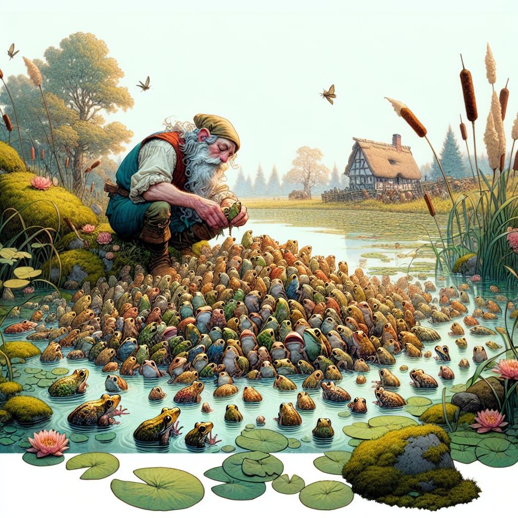 Gnome Shepherd Tends to Frogs in Enchanted Pond Scene