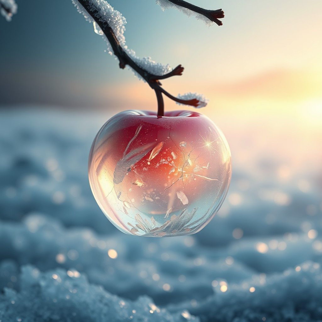 Icy Apple in Ethereal Frozen Landscape