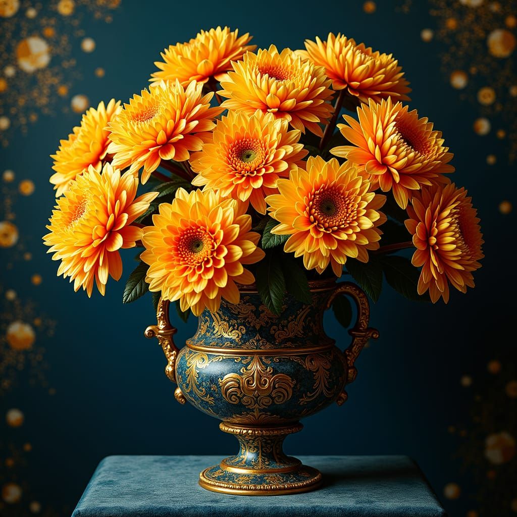 Chrysanthemums Drenched in Gold: Art Nouveau Style