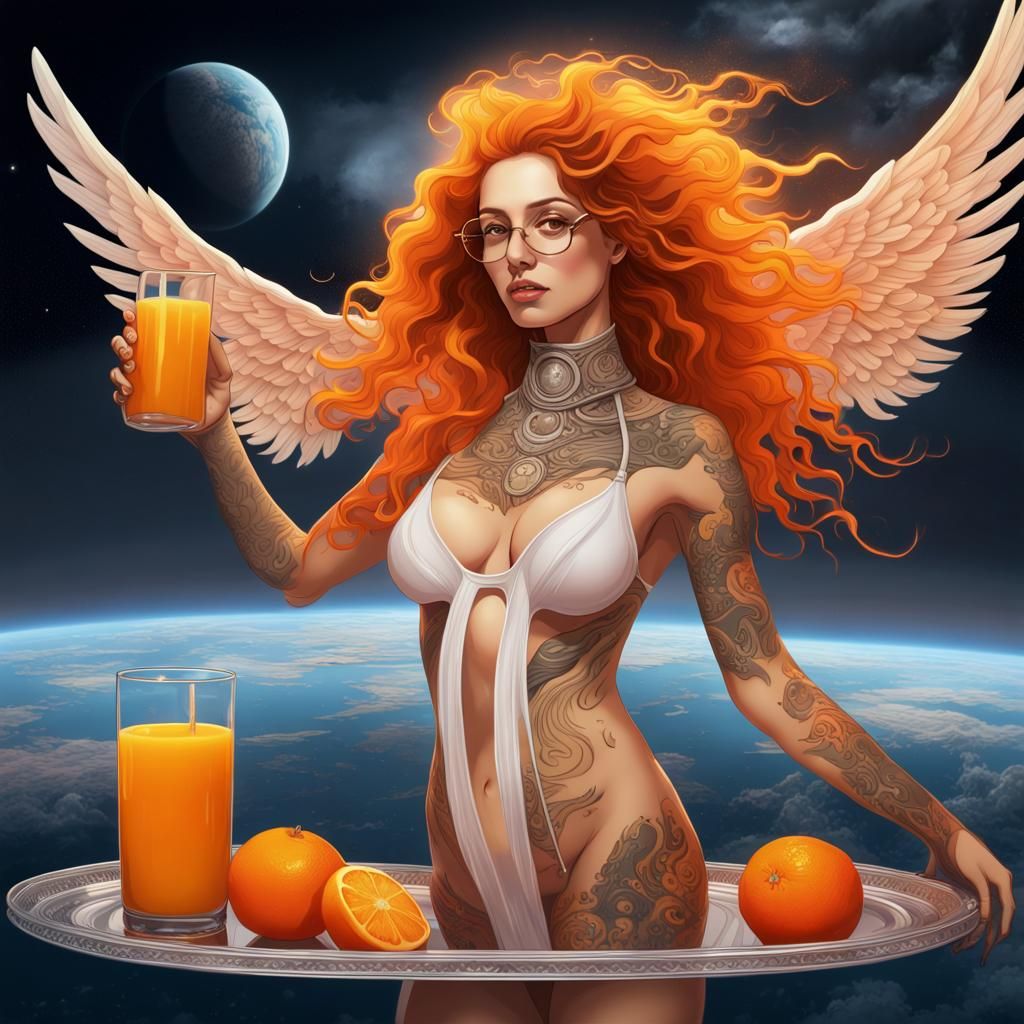 Venus Space Station Angel in Orange Cyberpunk Style