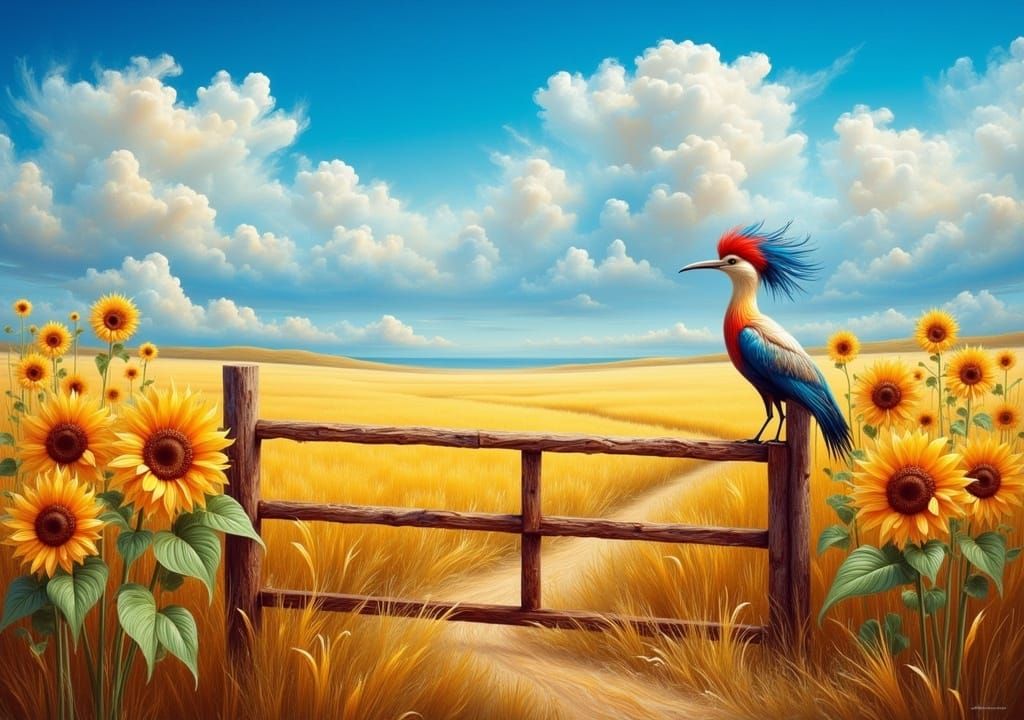 Hoopoe in Sunflowers Field, Impressionist Rural Scene