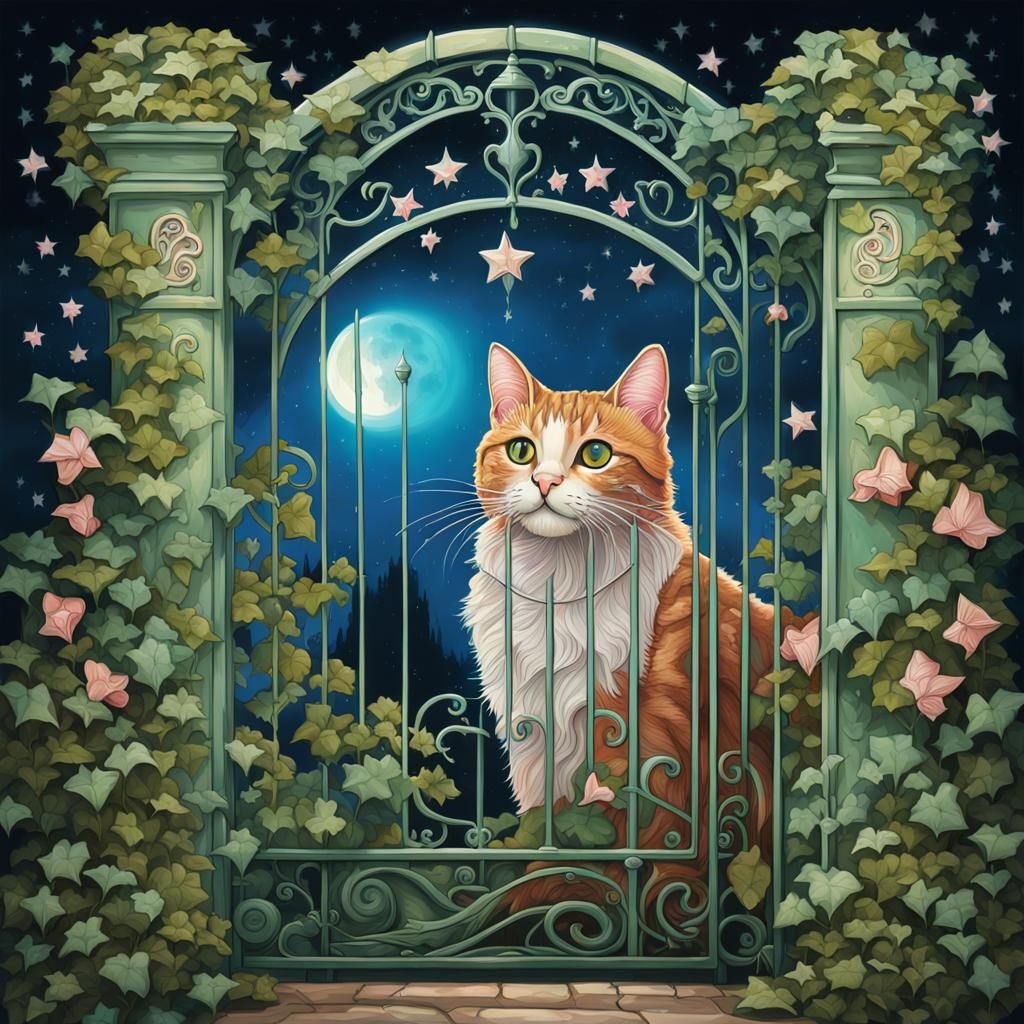 Art Nouveau Garden Gate with Cat and Flowers