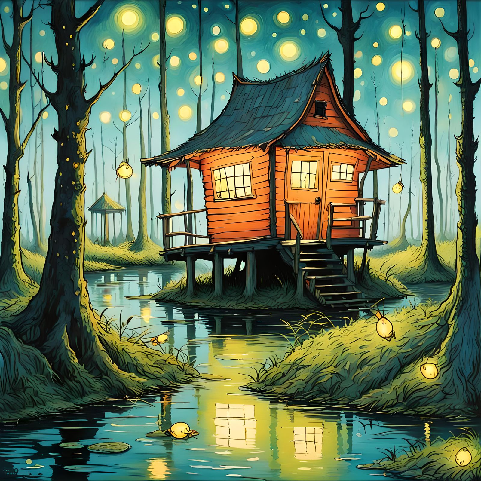 Whimsical Swamp Hut with Fireflies in Post-Impressionist Sty...