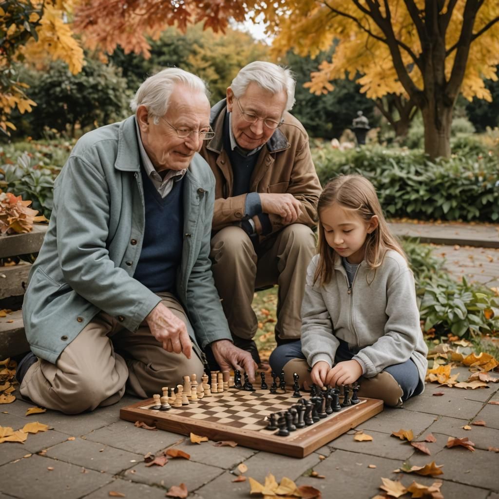 Chess Game Between Generations in Autumn Garden