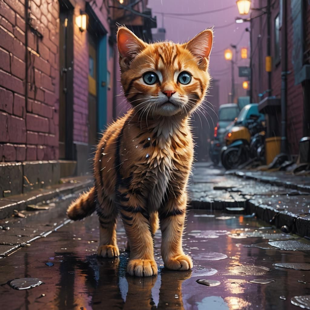 Kitten in Rain-Soaked Alleyway: Detailed Matte Painting
